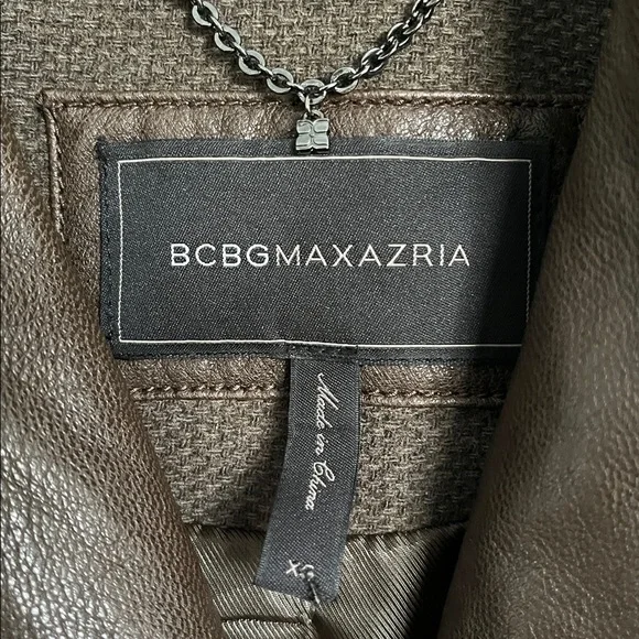 BCBGMaxAzria Army Green Wool coat jacket w100% brown leather collar & sleeves XS - Picture 3 of 13